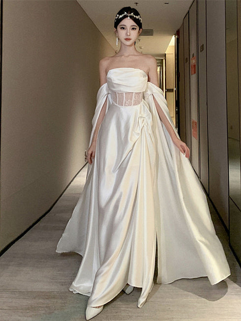 White Satin Off Shoulder Wedding Party Dress, White A-line Long Evening Dress Prom Dress
